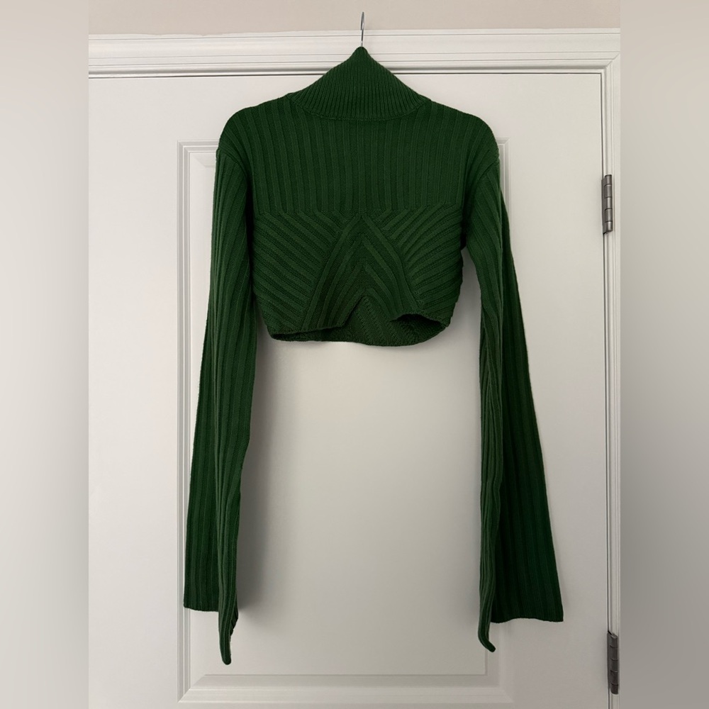 Green Ribbed Knit Cropped Sweater